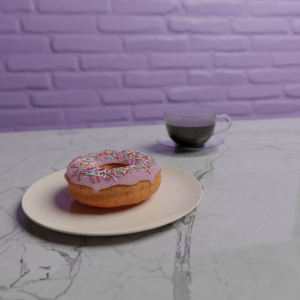 CGI rendered donut and coffee in a mug, on a marble table.